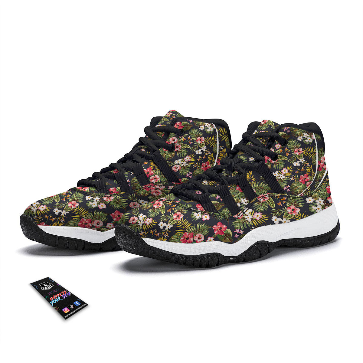 Hibiscus Blossom Tropical Print Pattern Black Bball Shoes-grizzshop