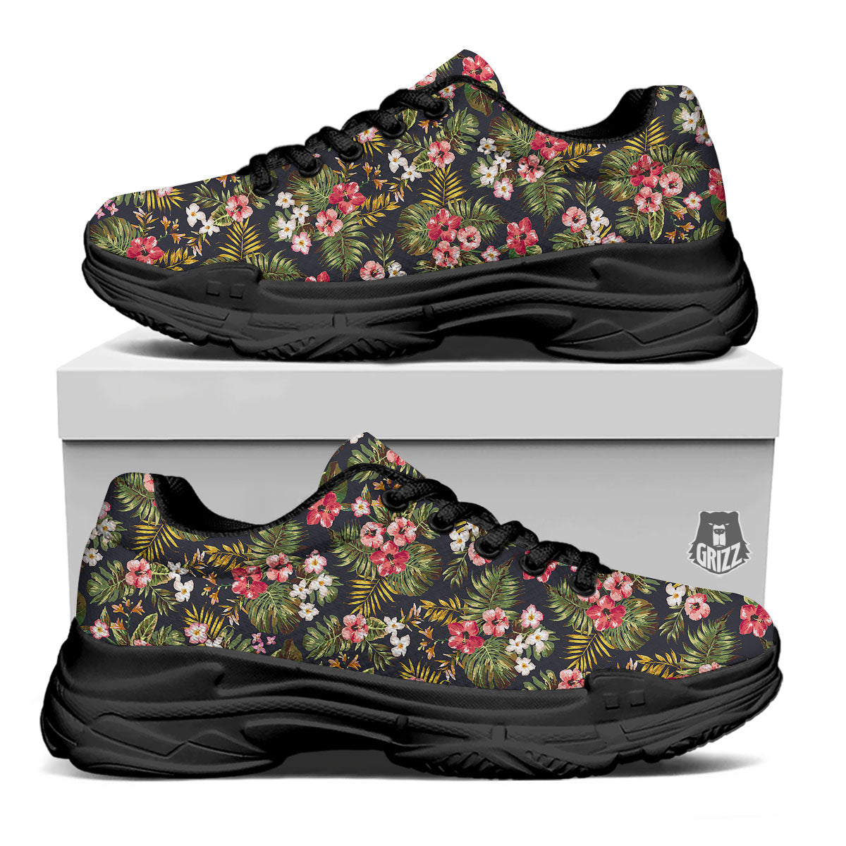 Hibiscus Blossom Tropical Print Pattern Black Chunky Shoes-grizzshop