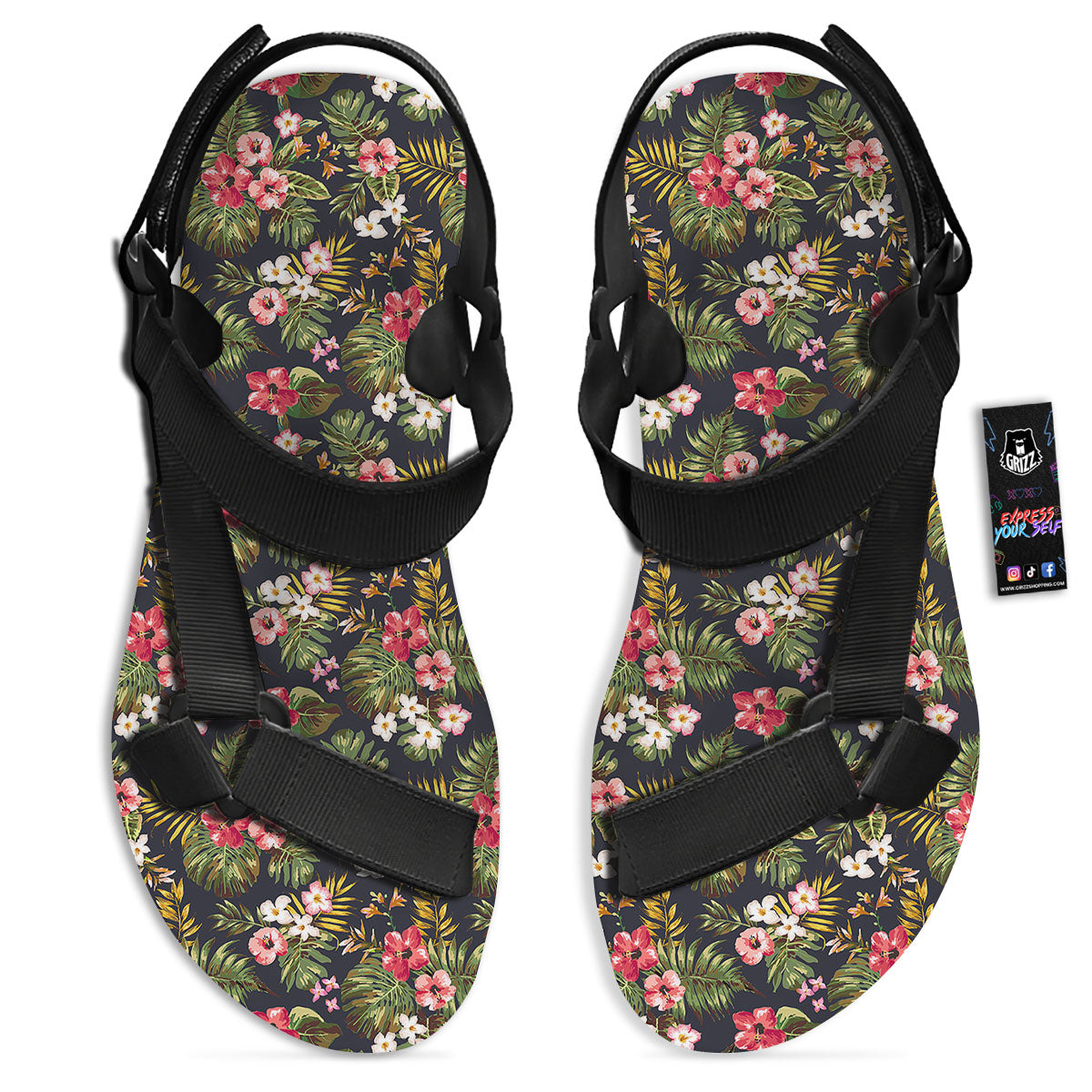 Hibiscus Blossom Tropical Print Pattern Black Open Toe Sandals-grizzshop