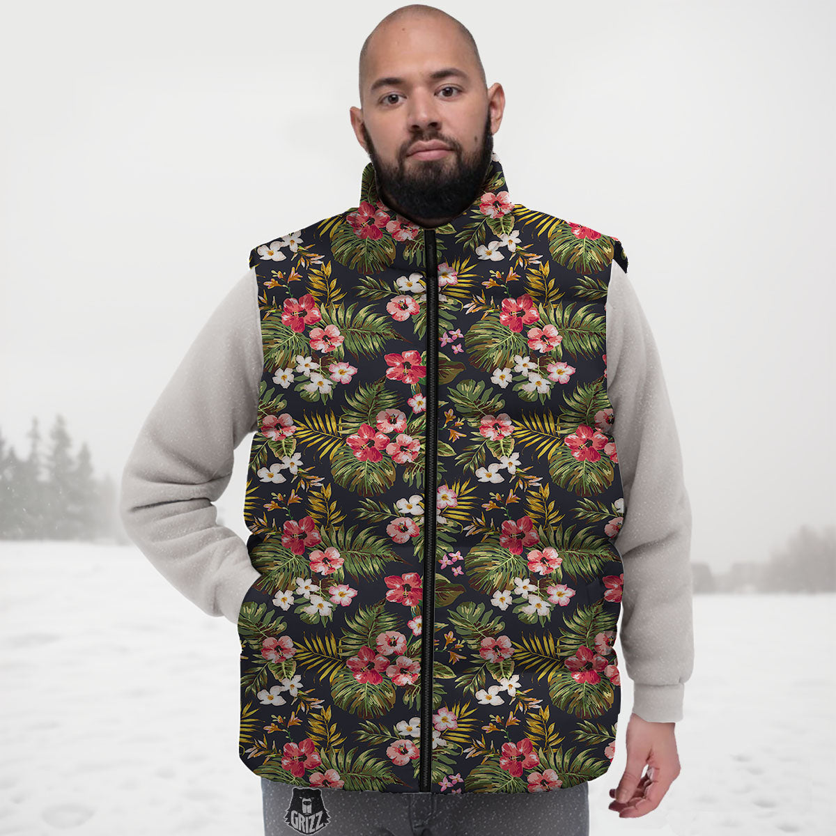 Hibiscus Blossom Tropical Print Pattern Down Vest