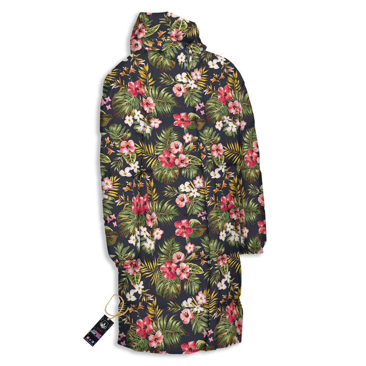 Hibiscus Blossom Tropical Print Pattern Long Down Jacket-grizzshop