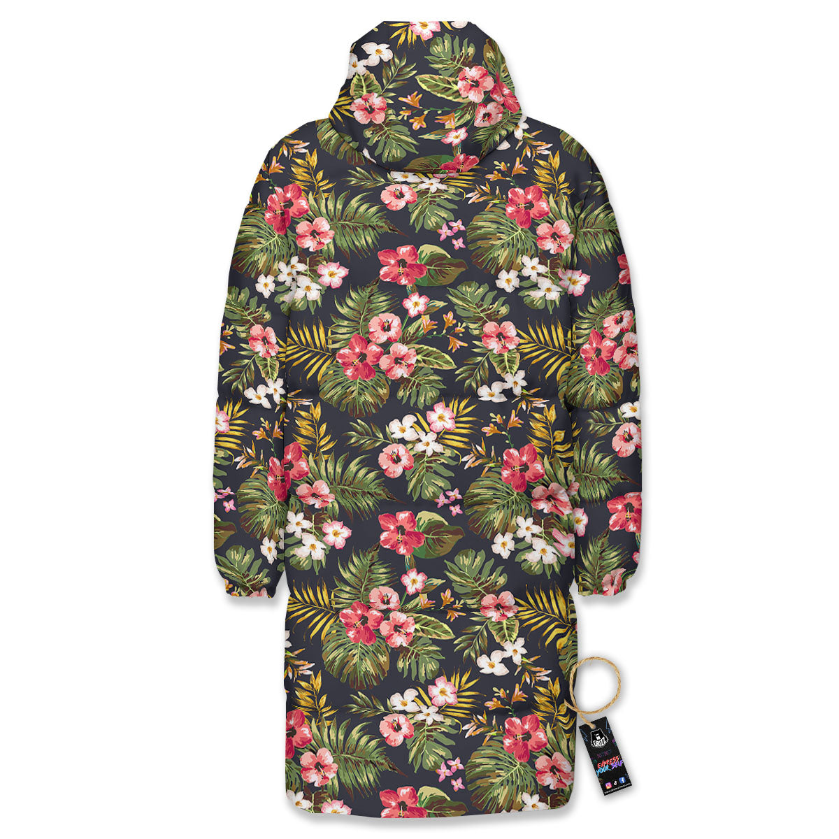 Hibiscus Blossom Tropical Print Pattern Long Down Jacket-grizzshop
