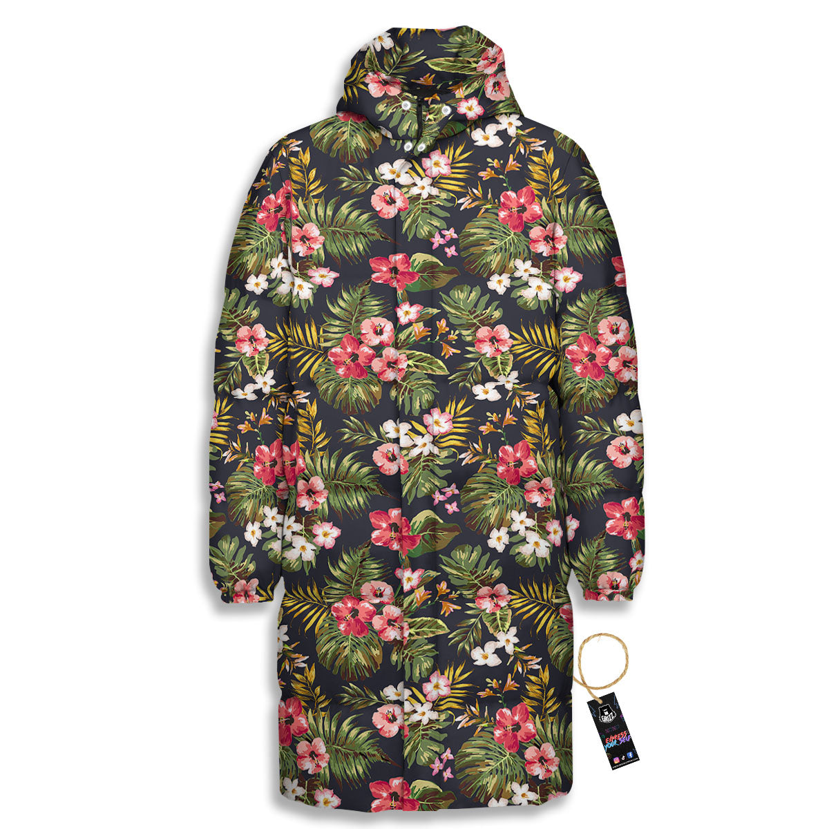 Hibiscus Blossom Tropical Print Pattern Long Down Jacket-grizzshop