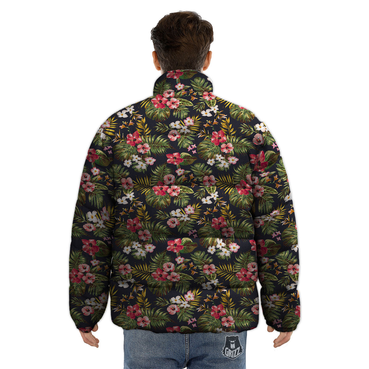Hibiscus Blossom Tropical Print Pattern Puffer Jacket-grizzshop