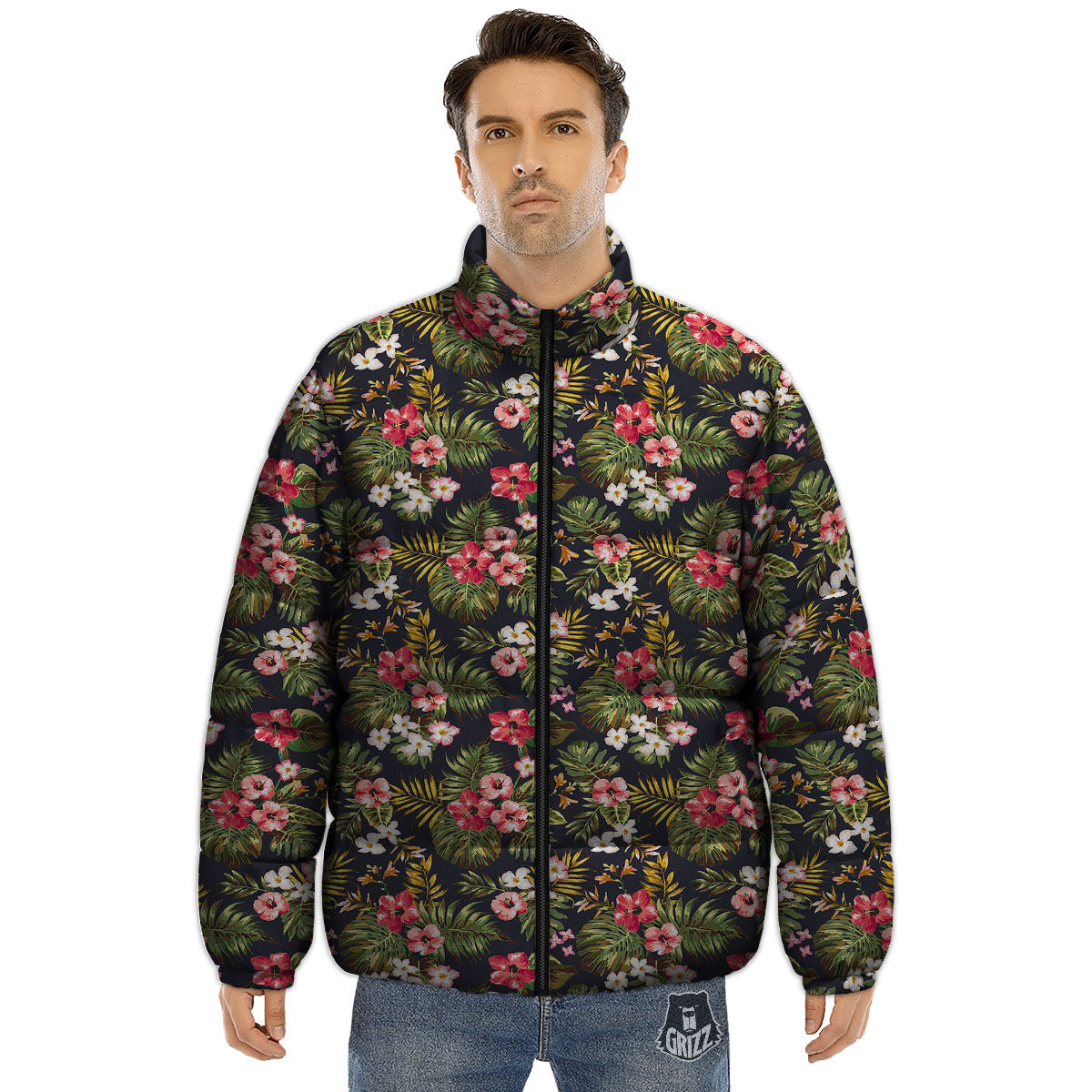Hibiscus Blossom Tropical Print Pattern Puffer Jacket-grizzshop