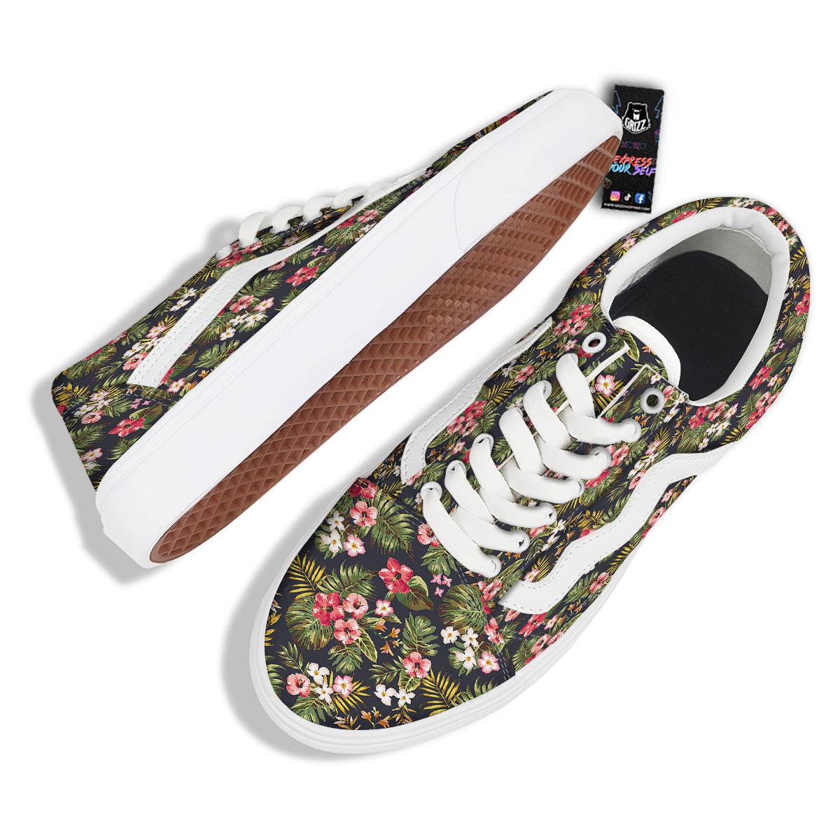 Hibiscus Blossom Tropical Print Pattern Skate Shoes-grizzshop