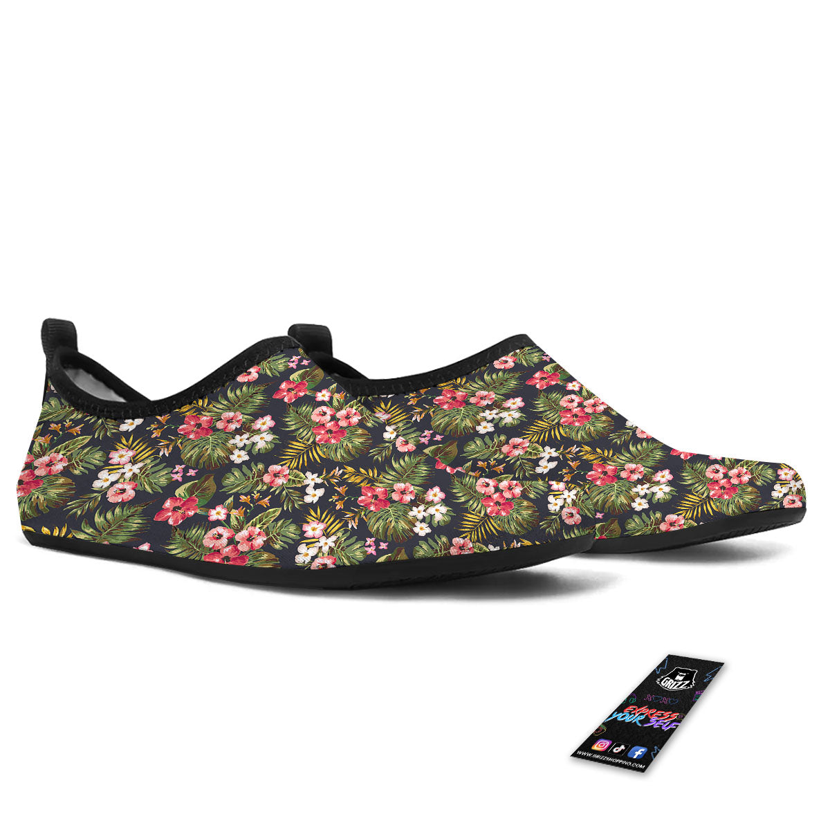 Hibiscus Blossom Tropical Print Pattern Water Shoes-grizzshop