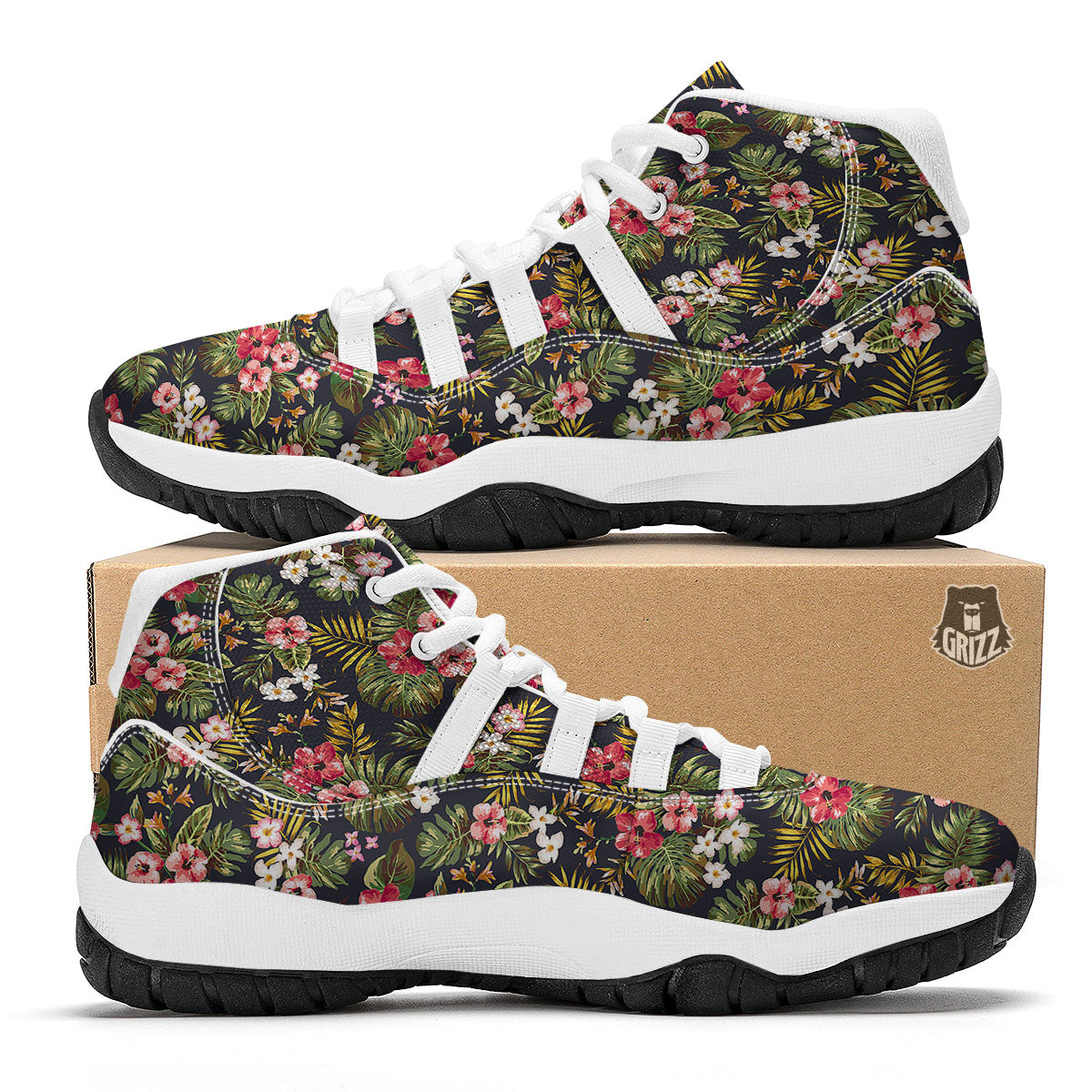 Hibiscus Blossom Tropical Print Pattern White Bball Shoes-grizzshop