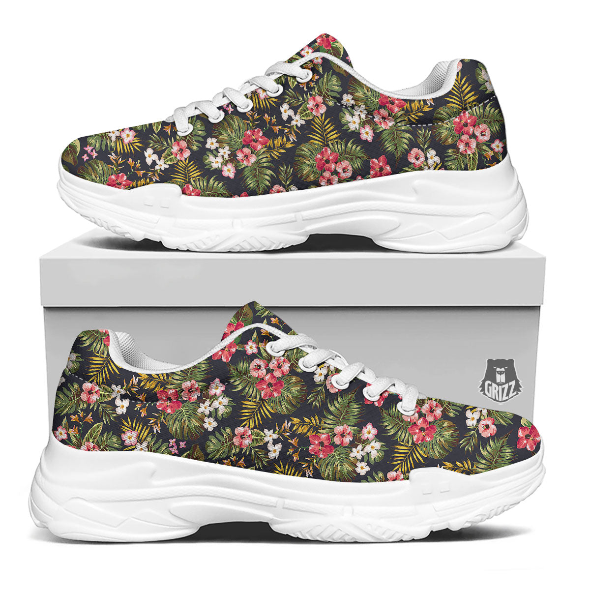 Hibiscus Blossom Tropical Print Pattern White Chunky Shoes-grizzshop