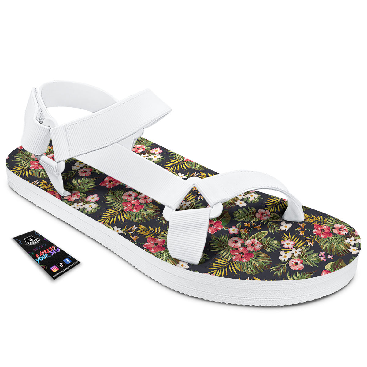 Hibiscus Blossom Tropical Print Pattern White Open Toe Sandals-grizzshop