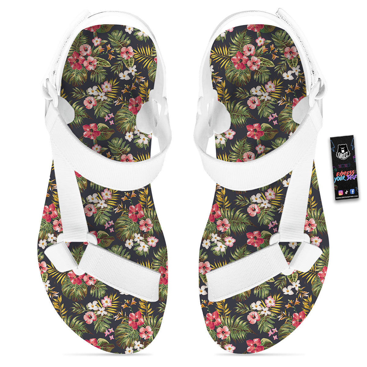 Hibiscus Blossom Tropical Print Pattern White Open Toe Sandals-grizzshop