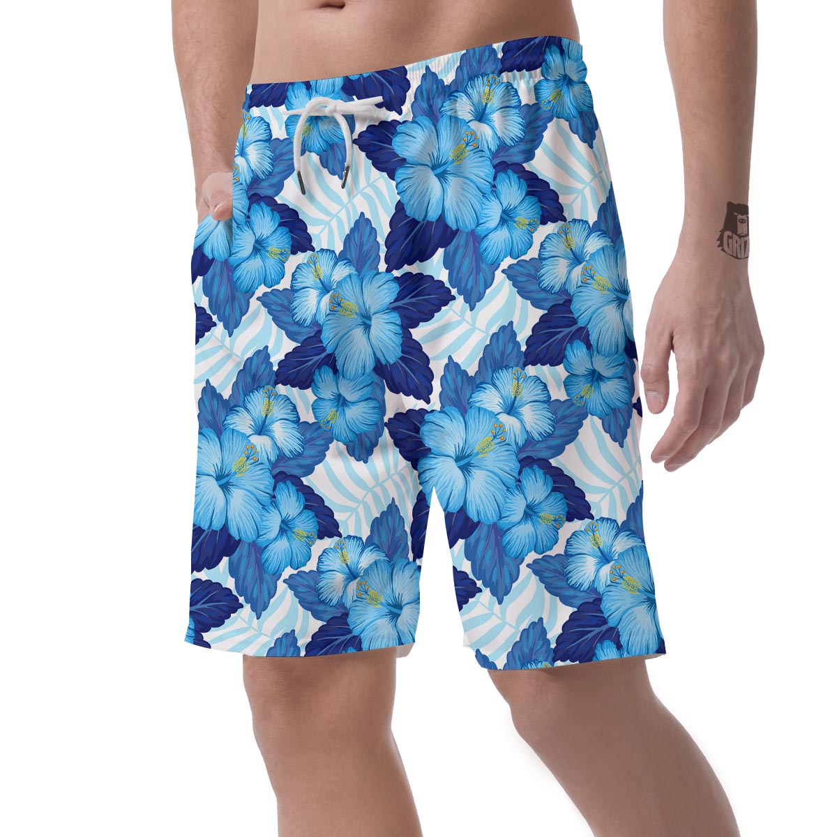 Hibiscus Blue Hawaiian Print Men's Shorts-grizzshop