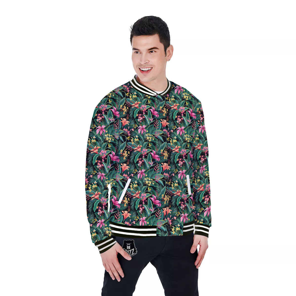 Hibiscus Exotic Tropical Print Pattern Baseball Jacket-grizzshop