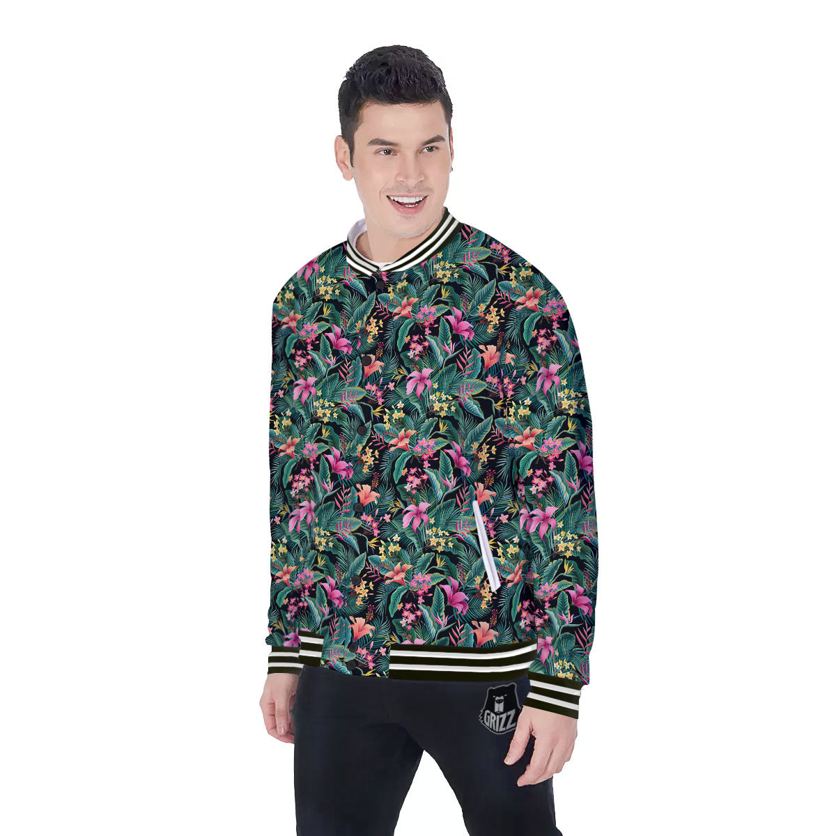 Hibiscus Exotic Tropical Print Pattern Baseball Jacket-grizzshop