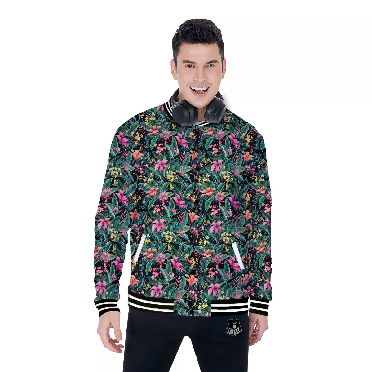 Hibiscus Exotic Tropical Print Pattern Baseball Jacket-grizzshop