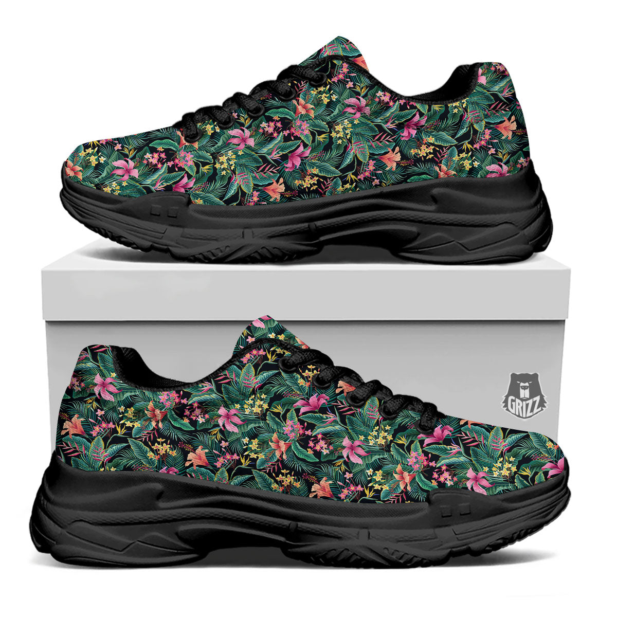 Hibiscus Exotic Tropical Print Pattern Black Chunky Shoes-grizzshop