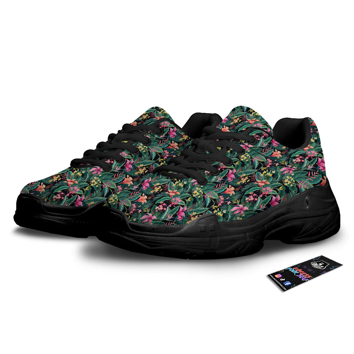 Hibiscus Exotic Tropical Print Pattern Black Chunky Shoes-grizzshop
