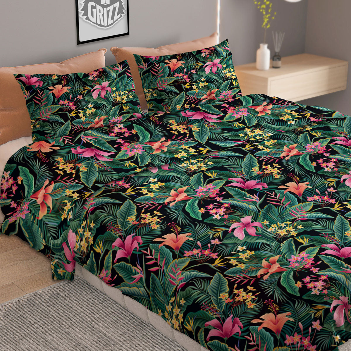 Hibiscus Exotic Tropical Print Pattern Duvet Cover Bedding Set