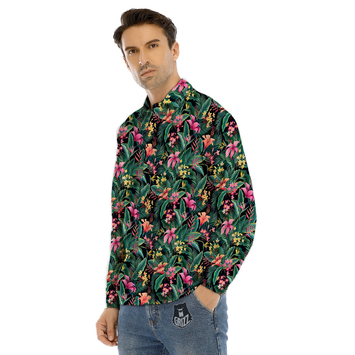 Hibiscus Exotic Tropical Print Pattern Men's Dress Shirts-grizzshop