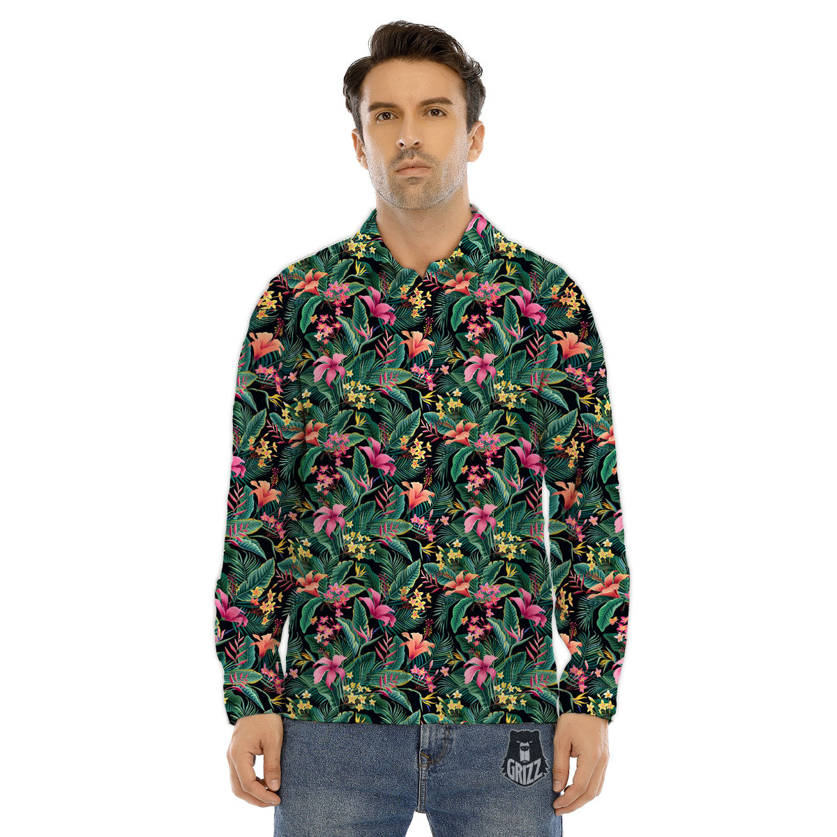 Hibiscus Exotic Tropical Print Pattern Men's Dress Shirts-grizzshop