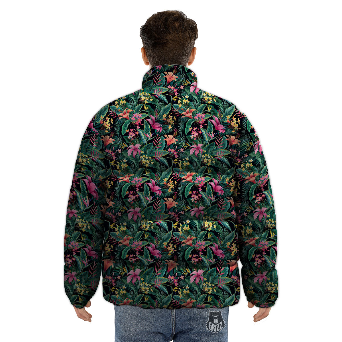 Hibiscus Exotic Tropical Print Pattern Puffer Jacket-grizzshop