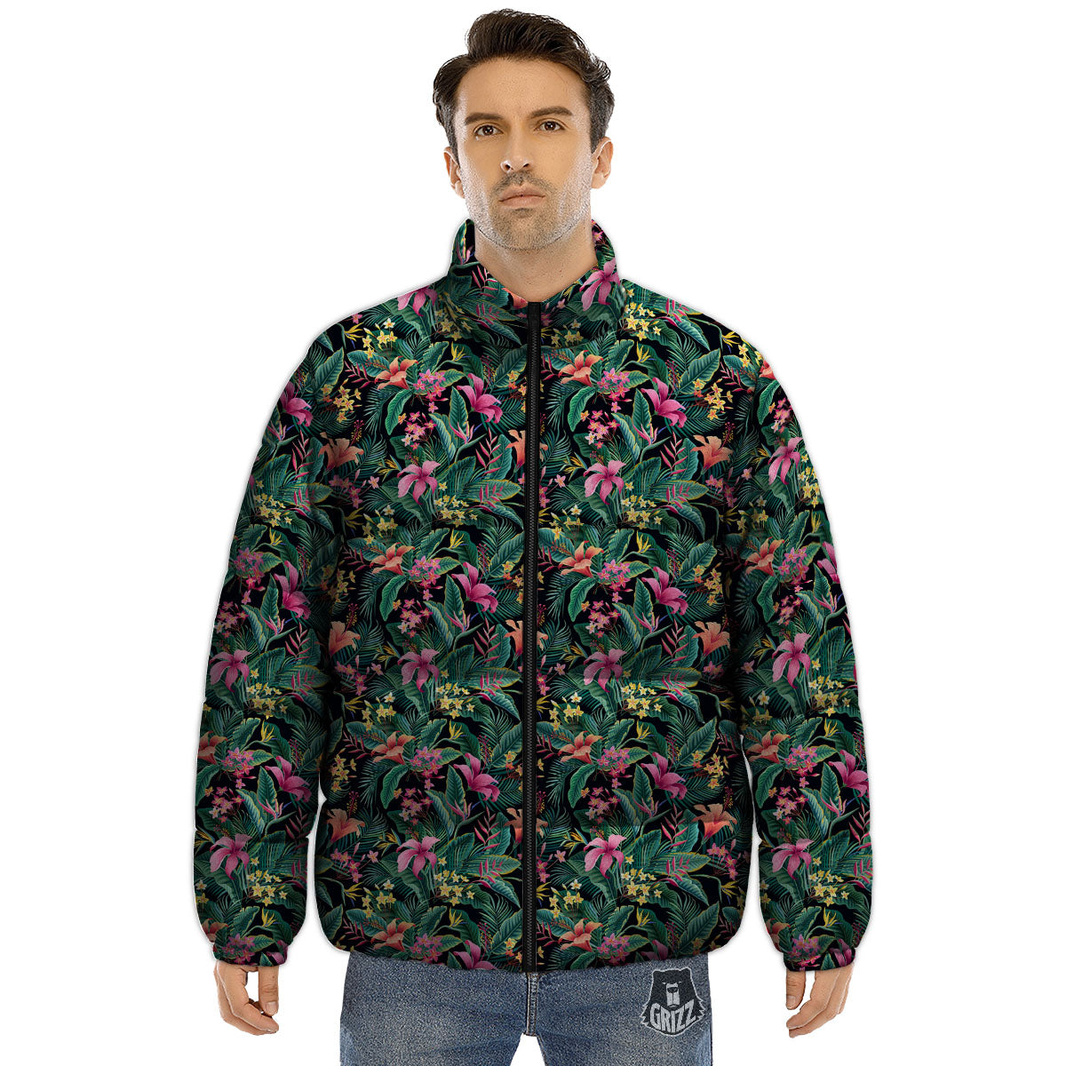 Hibiscus Exotic Tropical Print Pattern Puffer Jacket-grizzshop
