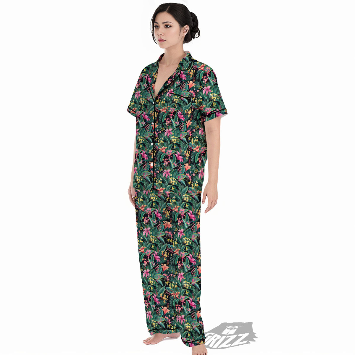 Hibiscus Exotic Tropical Print Pattern Women's Pajamas Set-grizzshop
