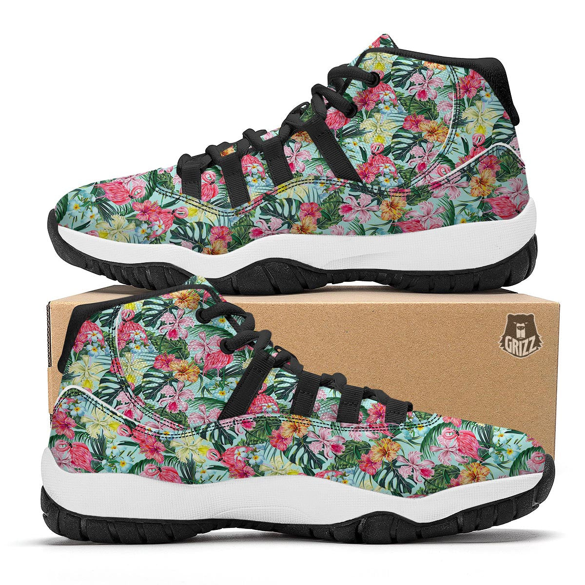 Hibiscus Flamingo Tropical Black Bball Shoes-grizzshop