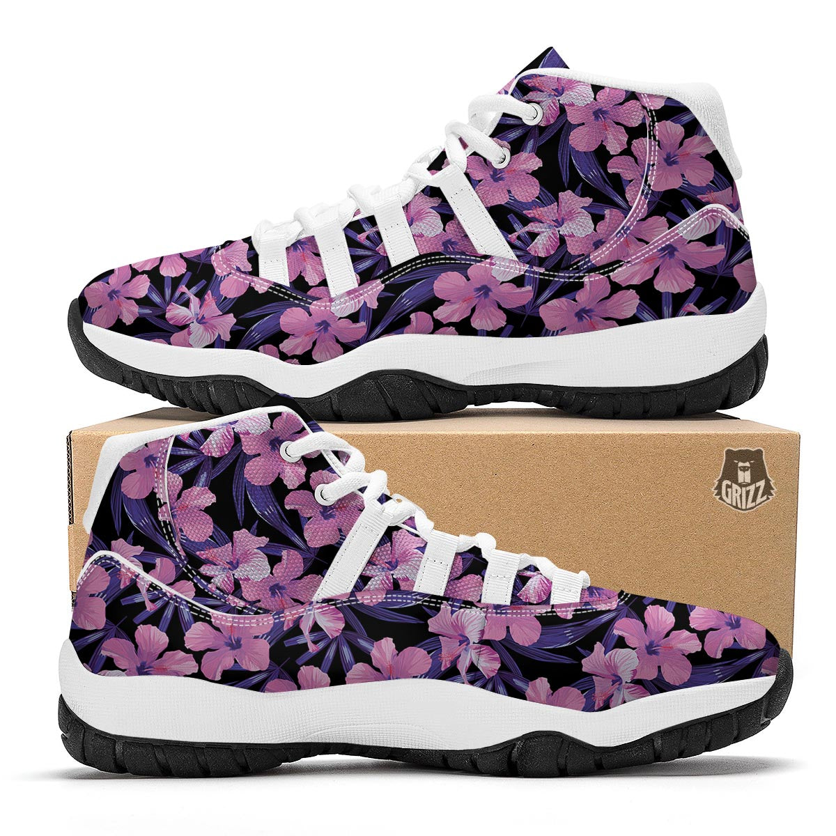 Hibiscus Floral Tropical Hawaiian Flower Palm Leaves Pattern Print White Bball Shoes-grizzshop