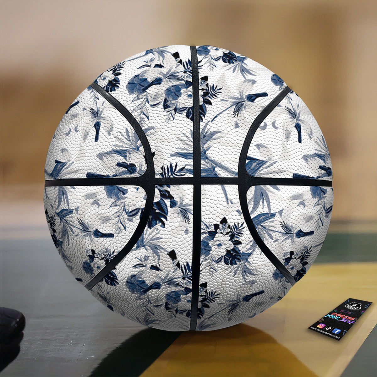 Hibiscus Floral White And Blue Print Pattern Basketball