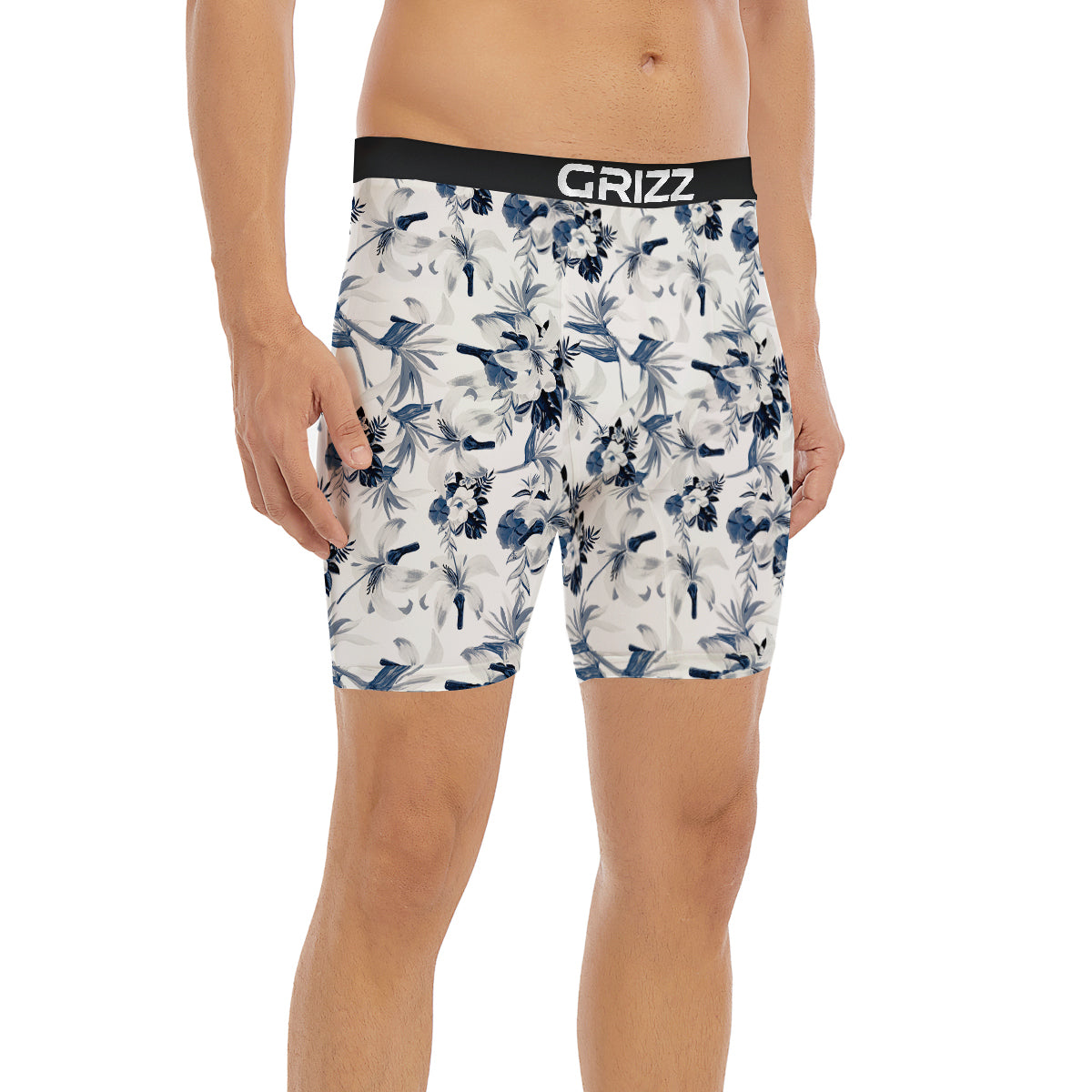 Hibiscus Floral White And Blue Print Pattern Boxer Briefs-grizzshop
