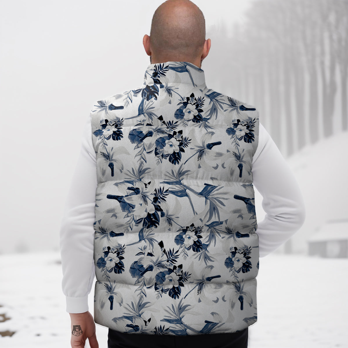 Hibiscus Floral White And Blue Print Pattern Down Vest