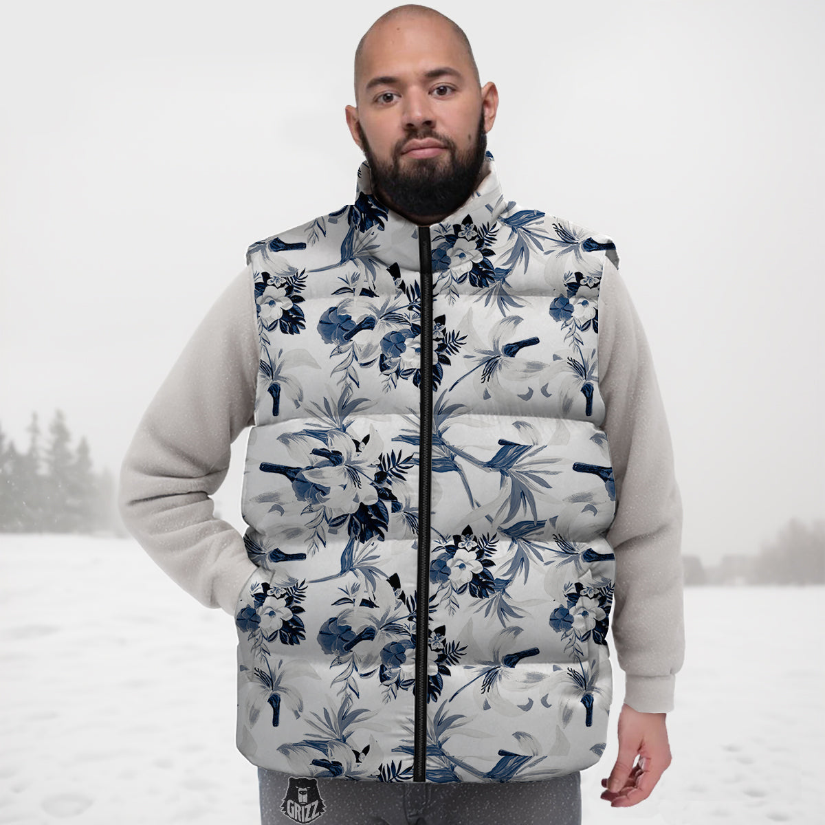 Hibiscus Floral White And Blue Print Pattern Down Vest