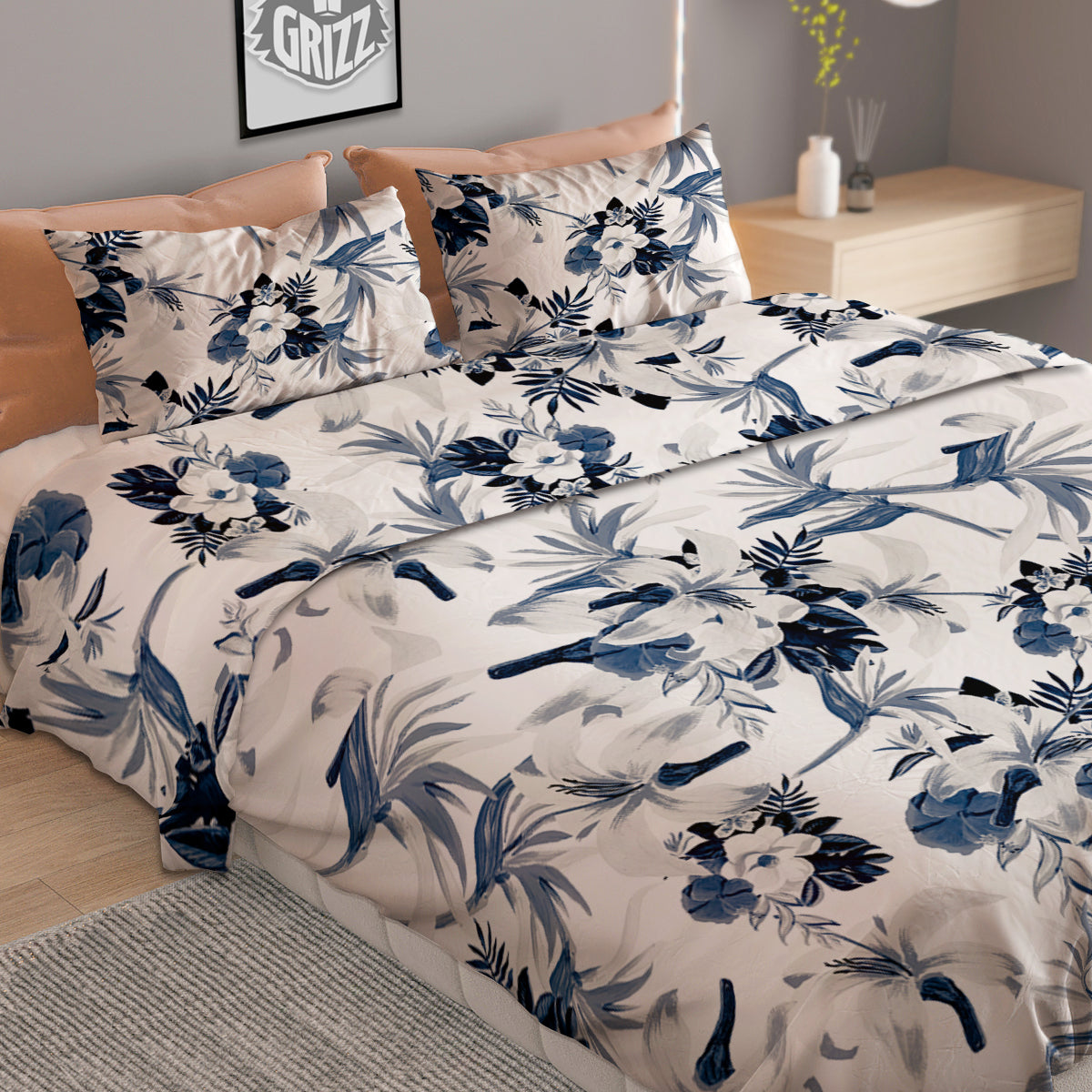 Hibiscus Floral White And Blue Print Pattern Duvet Cover Bedding Set