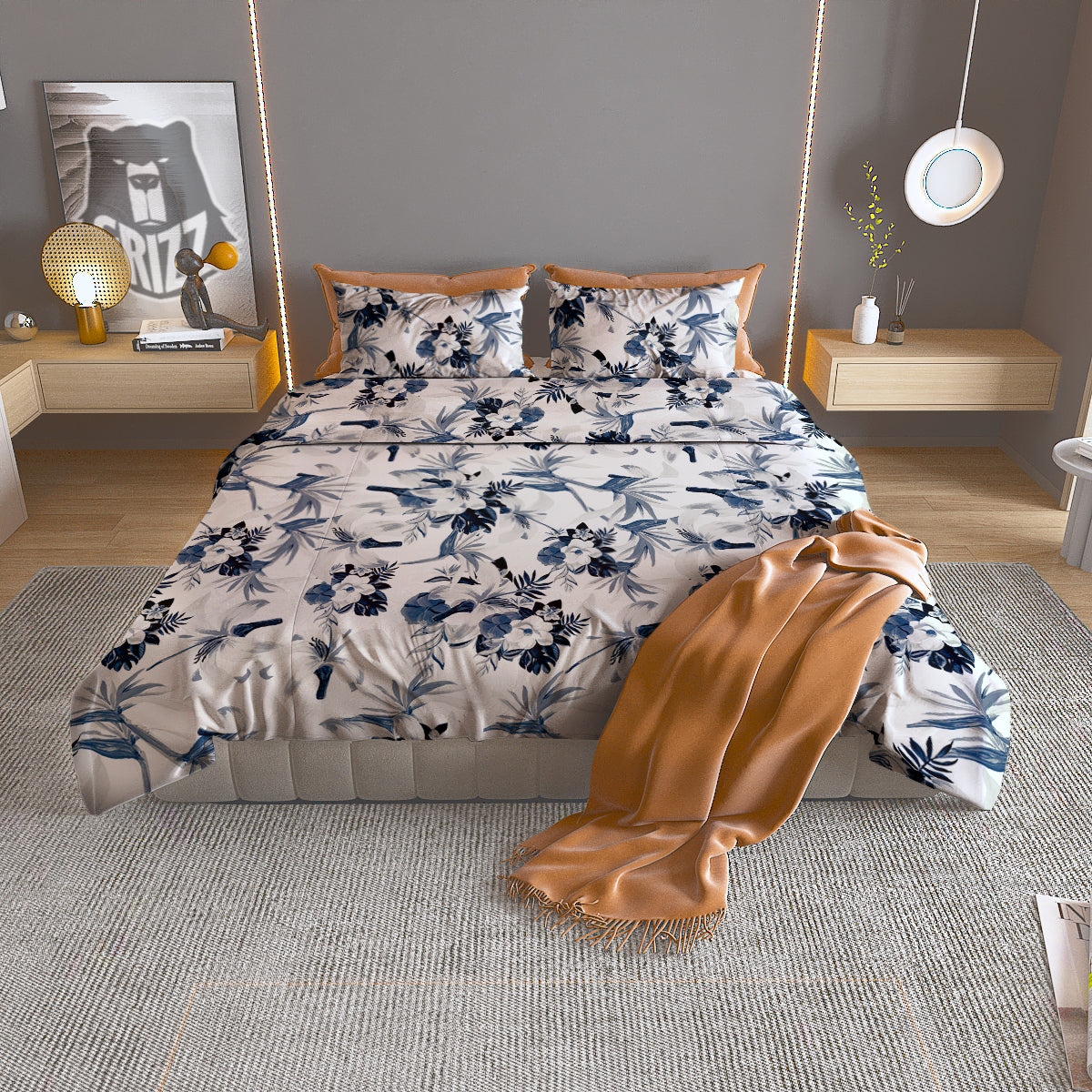 Hibiscus Floral White And Blue Print Pattern Duvet Cover Bedding Set