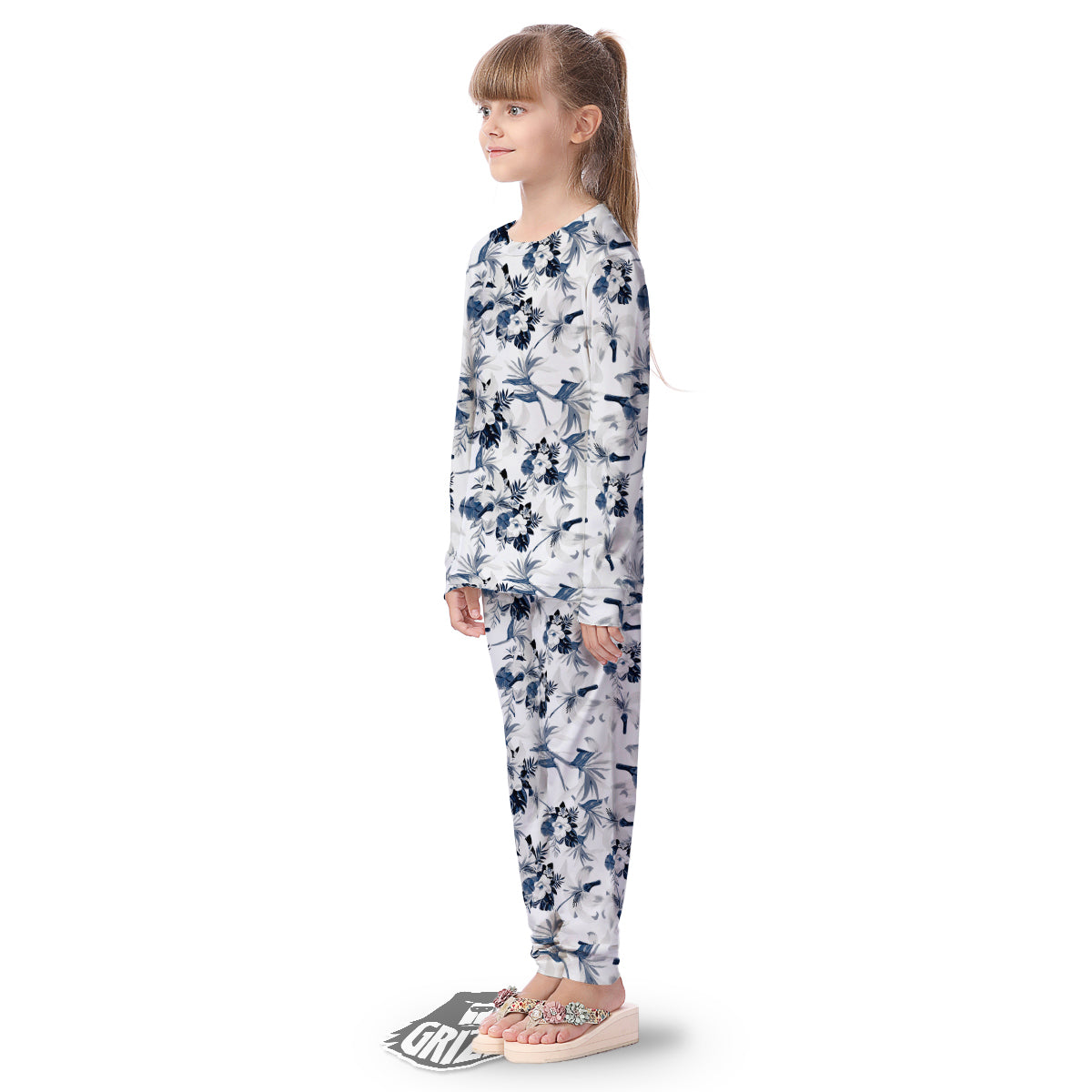 Hibiscus Floral White And Blue Print Pattern Kid's Pajamas-grizzshop