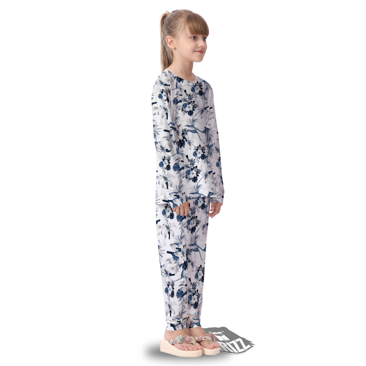 Hibiscus Floral White And Blue Print Pattern Kid's Pajamas-grizzshop