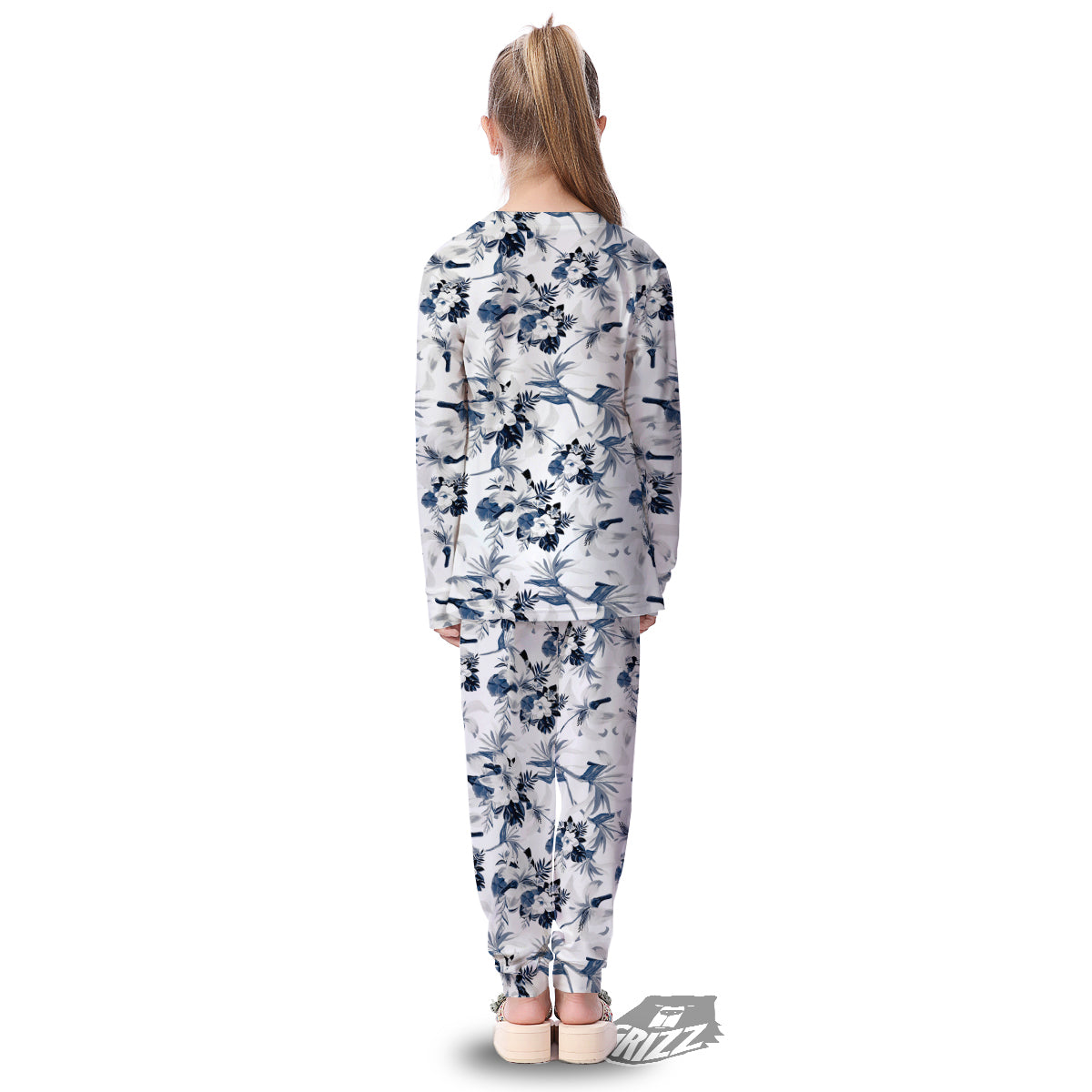 Hibiscus Floral White And Blue Print Pattern Kid's Pajamas-grizzshop