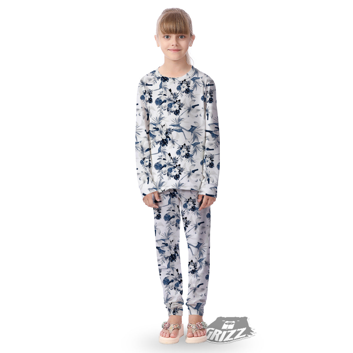 Hibiscus Floral White And Blue Print Pattern Kid's Pajamas-grizzshop