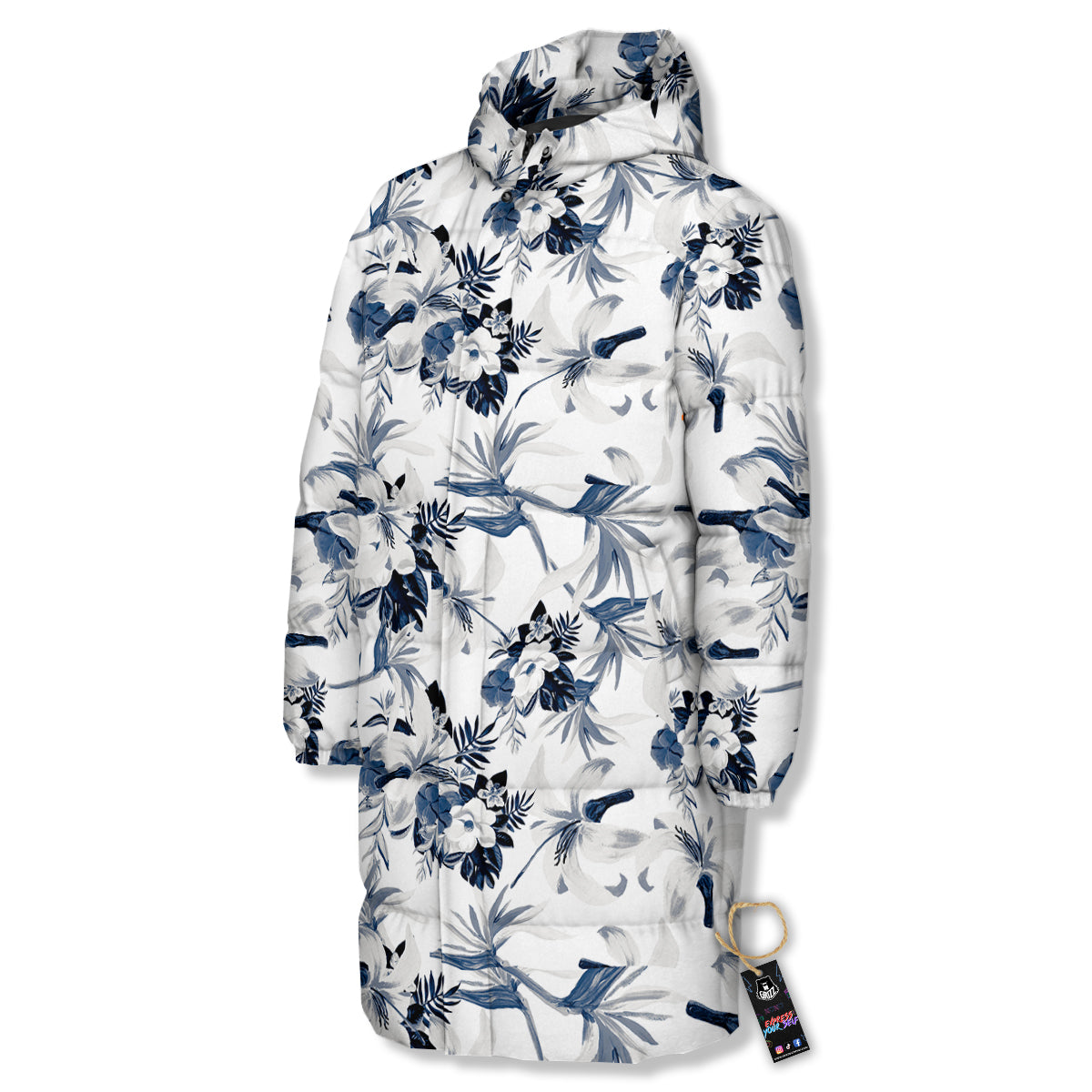 Hibiscus Floral White And Blue Print Pattern Long Down Jacket-grizzshop