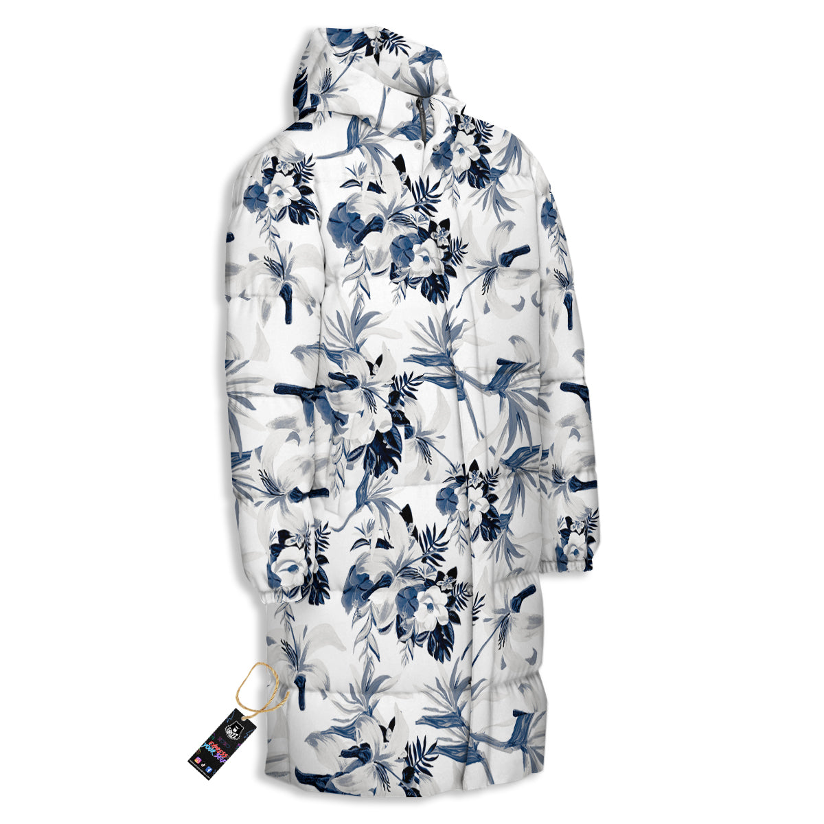 Hibiscus Floral White And Blue Print Pattern Long Down Jacket-grizzshop