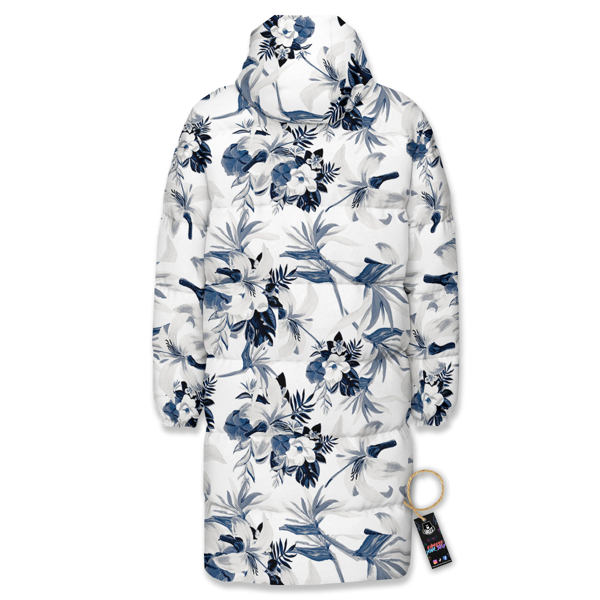 Hibiscus Floral White And Blue Print Pattern Long Down Jacket-grizzshop