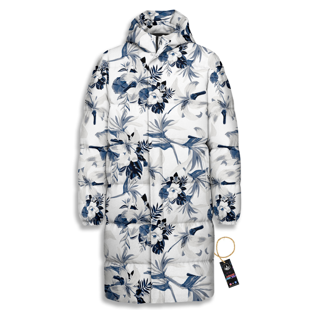 Hibiscus Floral White And Blue Print Pattern Long Down Jacket-grizzshop