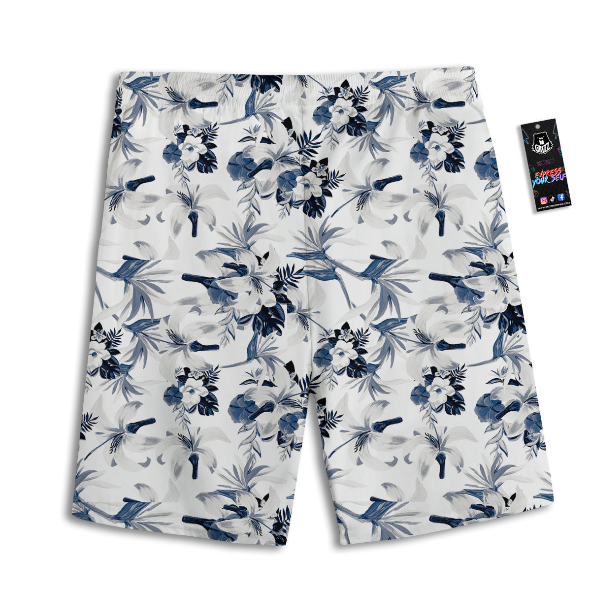 Hibiscus Floral White And Blue Print Pattern Men's Athletic Shorts