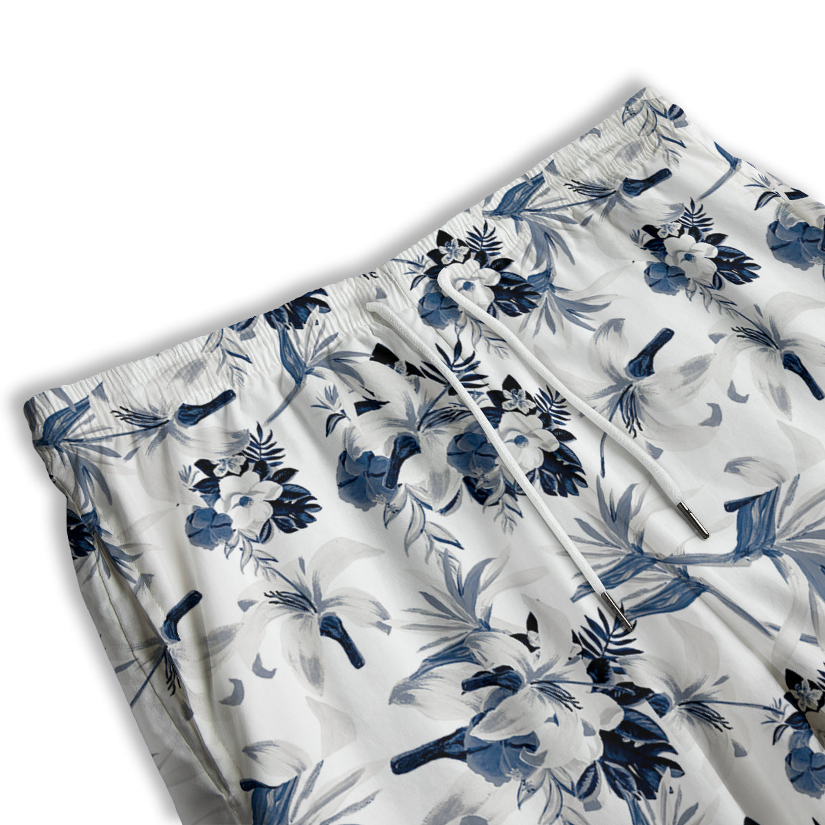 Hibiscus Floral White And Blue Print Pattern Men's Athletic Shorts