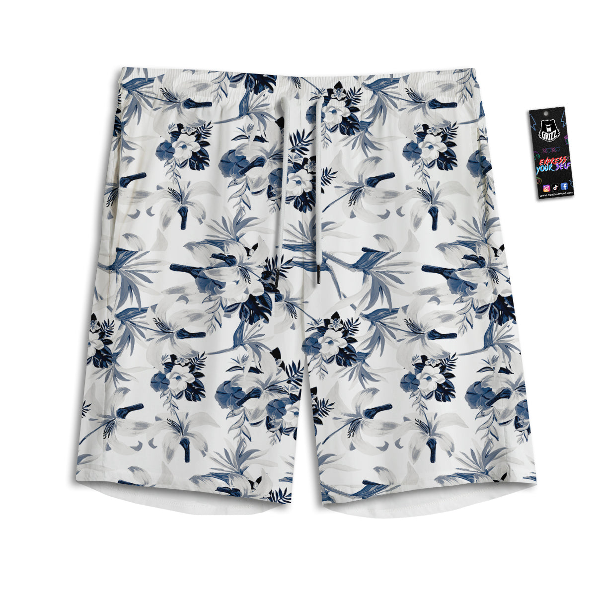 Hibiscus Floral White And Blue Print Pattern Men's Athletic Shorts