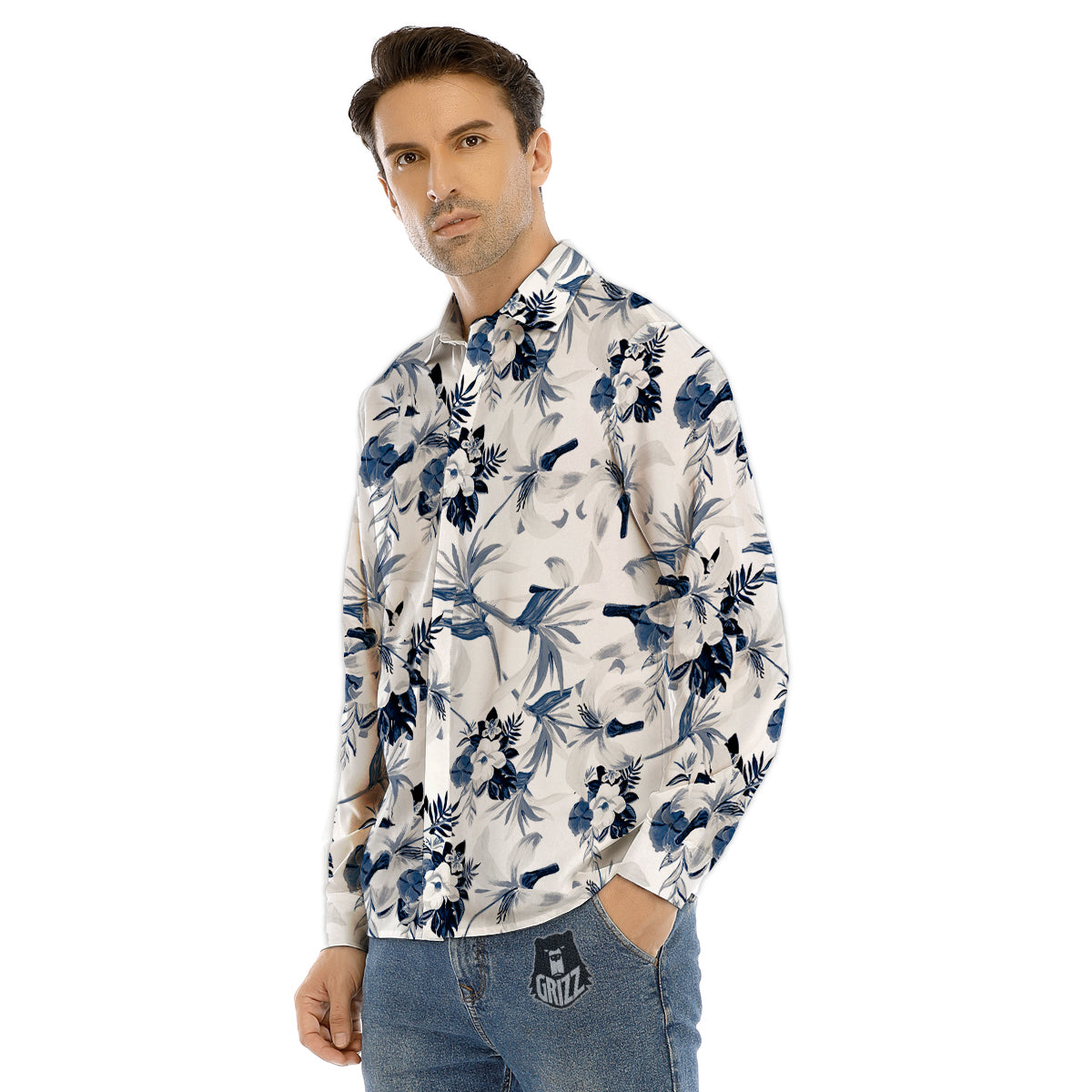 Hibiscus Floral White And Blue Print Pattern Men's Dress Shirts-grizzshop