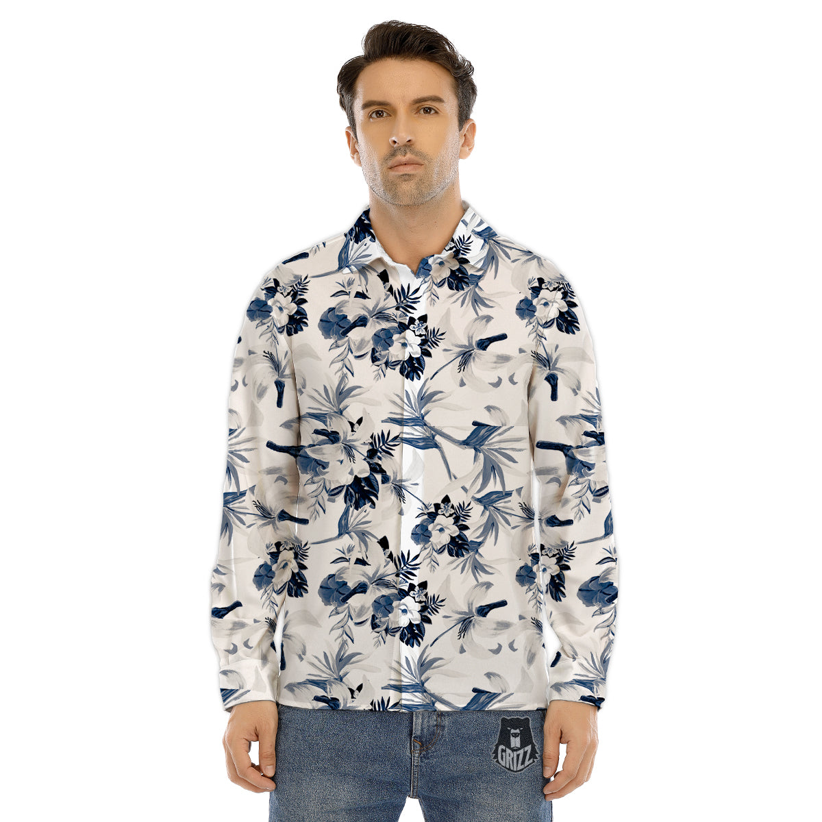 Hibiscus Floral White And Blue Print Pattern Men's Dress Shirts-grizzshop