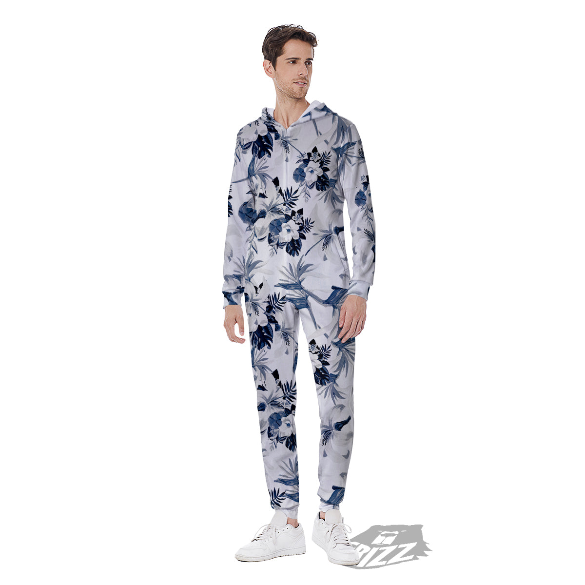 Hibiscus Floral White And Blue Print Pattern Men's Jumpsuit-grizzshop