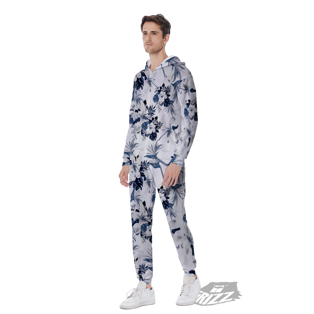 Hibiscus Floral White And Blue Print Pattern Men's Jumpsuit-grizzshop